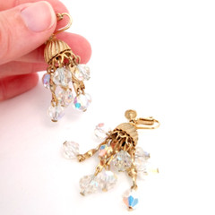 VTG Clip On Dangle Drop Earrings Aurora Borealis Cluster Rhinestone Carousel
