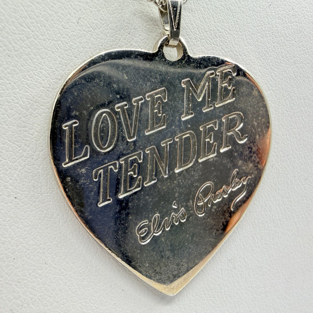 Vintage Elvis Presley Love Me Tender Heart Pendant Necklace Silver Tone Retro