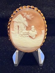 Antique Lovely Hand Carved Shell Cameo Woman In Front of her House Pin Pendant