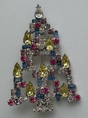 VINTAGE CHRISTMAS TREE PIN BROOCH RON YELLOW RHINESTONES SIGNED HTF MCM 56