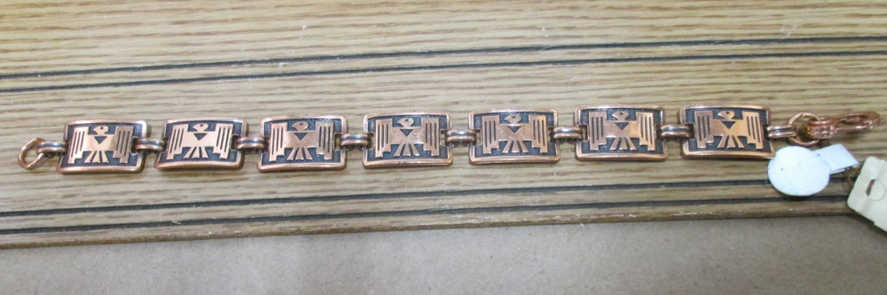 Vtg Solid Copper Thunderbird 7 Panel Link Bracelet 7.5″ Native American Style