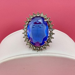 Vintage Crystal Brooch Pendant LG Blue Oval Faceted Stone Open Back Prong Set