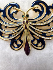 Vtg Cindy Adams Butterfly gold tone epoxy rhinestone huge pendant Pin