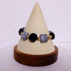 Smoky Gray and Black Faceted Fancy Glass Beaded with Gold Tone Accents Bracelet