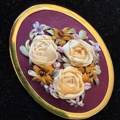 Vintage Silk Ribbon Embroidery Brooch Pin Floral Handmade Oval 1.75”x2.5” 954