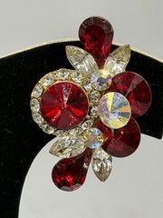 Vtg 80s Glamour Red AB Rhinestone Clip On Earrings Goldstone Made In USA Climber