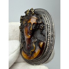 Antique Sterling Silver Cameo Brooch High Relief Amber Toned Lady Portrait #1193