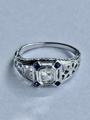 Vintage 14k white fold diamond and sapphire art deco filigree ring