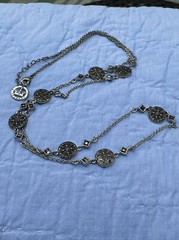Crown Trifari Unique silvertone with markasite and disc stations 33” Necklace
