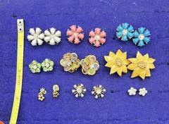 Lot of 9 Floral Pierced Earrings Mix of Materials Enamel, Crystal Push on Back