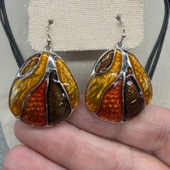 Vintage Chicos Necklace Earrings Jewelry Set Orange Brown Enamel Silver Tone