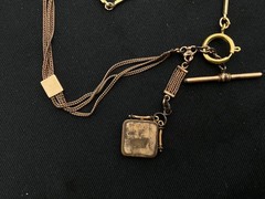 Antique Gold Filled/Plated Pocket Watch Chain Necklace With Locket & T-Bar