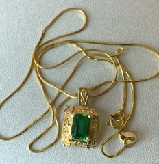 VINTAGE 10K/14K YELLOW GOLD EMERALD GREEN COLOR CZ PASTE ORNATE PENDANT NECKLACE