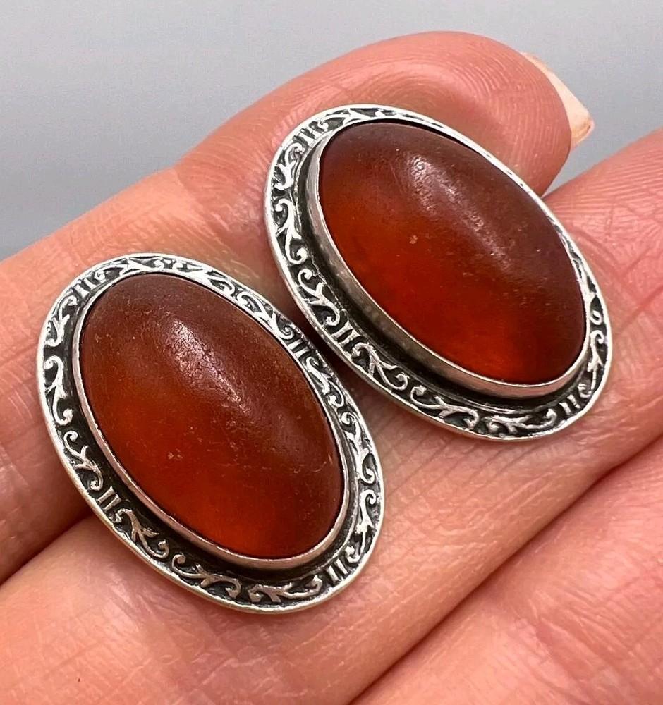Vintage Men’s Jewelry Cufflinks USSR Silver 875 Natural Baltic Amber Marked