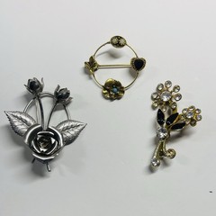 Vintage Floral Brooch Lot of 3 READ Mixed Metals Gold Silver Glass Stone Pins
