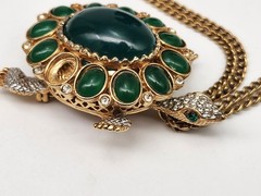 Kenneth Jay Lane KJL Tortoise Turtle Brooch Watch Cabochons & Crystals 26”L
