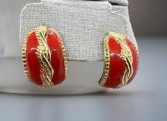 Vintage Red Enamel Gold Tone Post Earrings Statement Wavy Twist Design Bold 80s