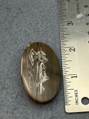 Vintage Handcrafted Oval Brooch 2.25 In Brown carved Inuit Theme Scene Signed