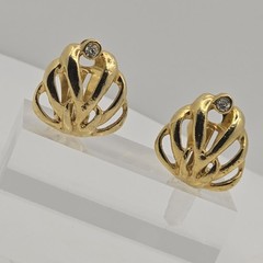 Vintage Clip Earrings Fan Shell Leaf Gold Tone Clear Rhinestone 0.9 Inch