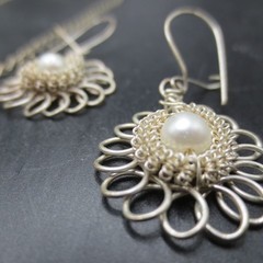 Vtg Wire Filigree Necklace 17” & Bracelet 7” Earrings Faux Pearls Set Boho 1980s
