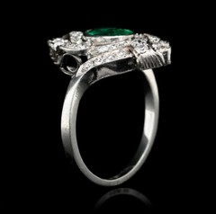 Navette Cocktail Art Deco Ring 2.2 Ct Lab Created Emerald 14k White Gold Plated