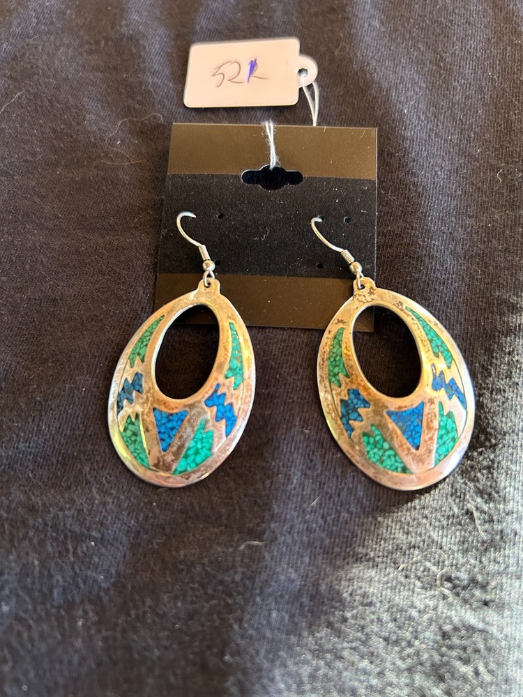 Earrings, vintage Alpaca Mexican with crushed turquoise: Stock number 521.