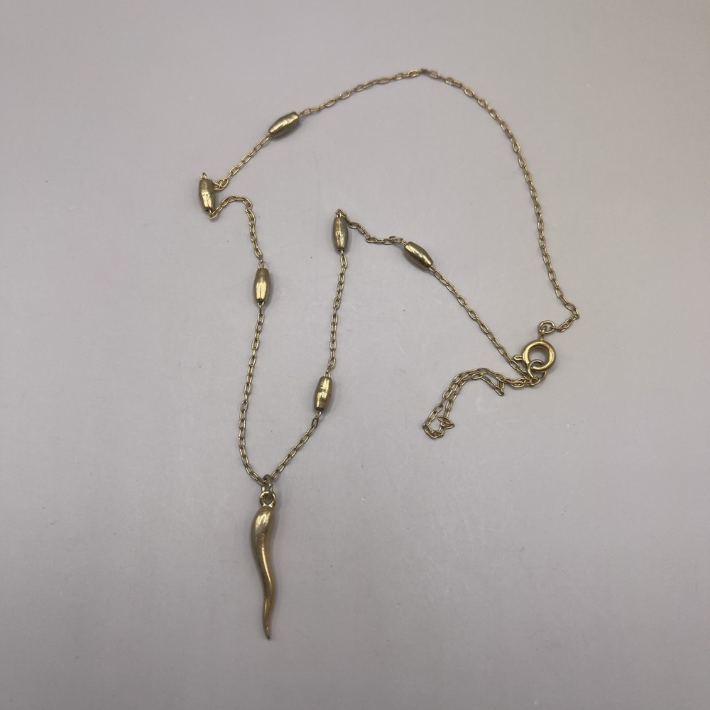 Vintage Station Necklace, Oval Silver-tone Balls Chain, Italian Horn Charm