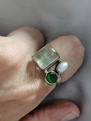 Vintage 925 Sterling Silver Prehnite Pearl Size 6 Ring