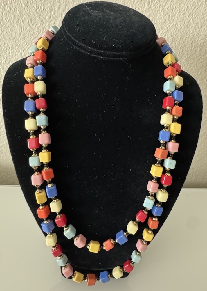 Vintage RARE Collectors Square Glass Bead Hand Strung 50” Necklace