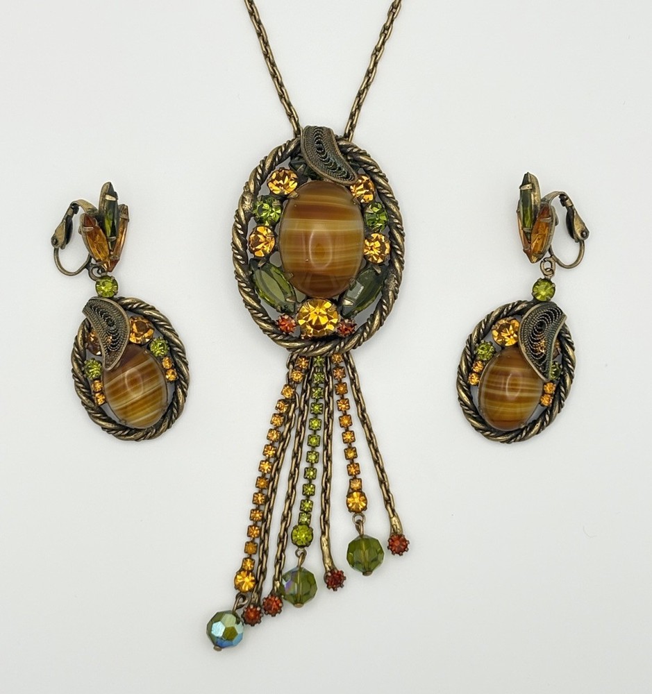 W Germany Brown Porphyry Slag Art Glass And Rhinestone Necklace & Earrings Set