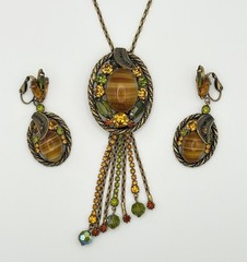 W Germany Brown Porphyry Slag Art Glass And Rhinestone Necklace & Earrings Set