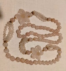 Vintage Pink Rose Quartz Hand Knotted Beaded Necklace With 2 Carved Pink Quartz