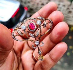 3Ct Oval Lab Created Red Ruby Antique Brooch Pin 14K Yellow Gold Plated Silver