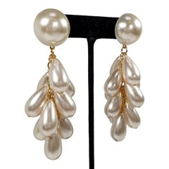 Faux Pearl Teardrop Bead Tassel Chandelier Dangle Earrings Pierced 3 1/2″
