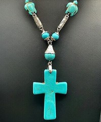 Vintage CHINESE TURQUOISE CROSS Turtles Necklace 20” 70s EUC 🔥!SALE!🔥
