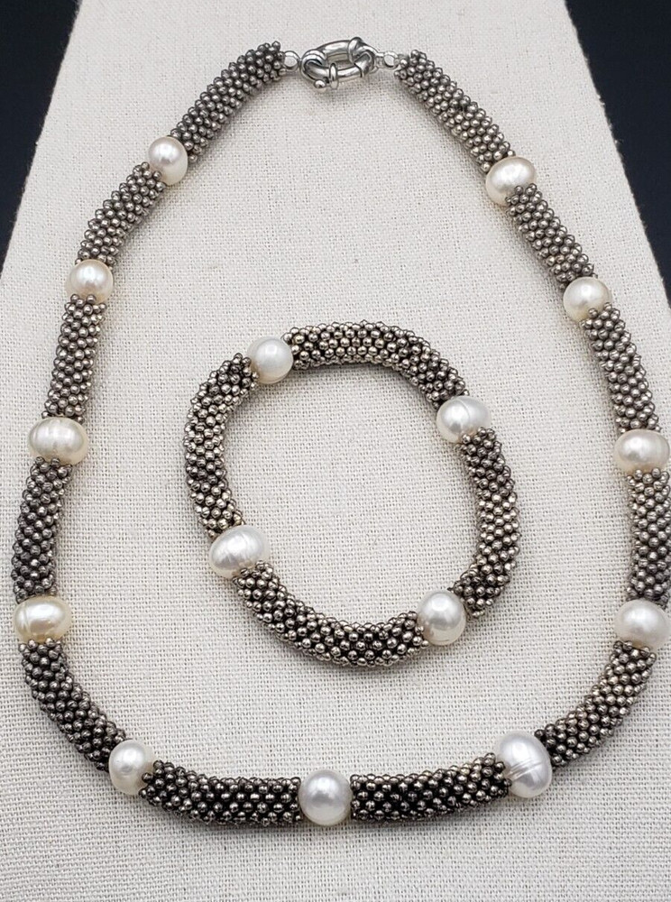 Vintage White Pearl Silver Tone Set Necklace 17″ Bracelet 6.25 in upstretched