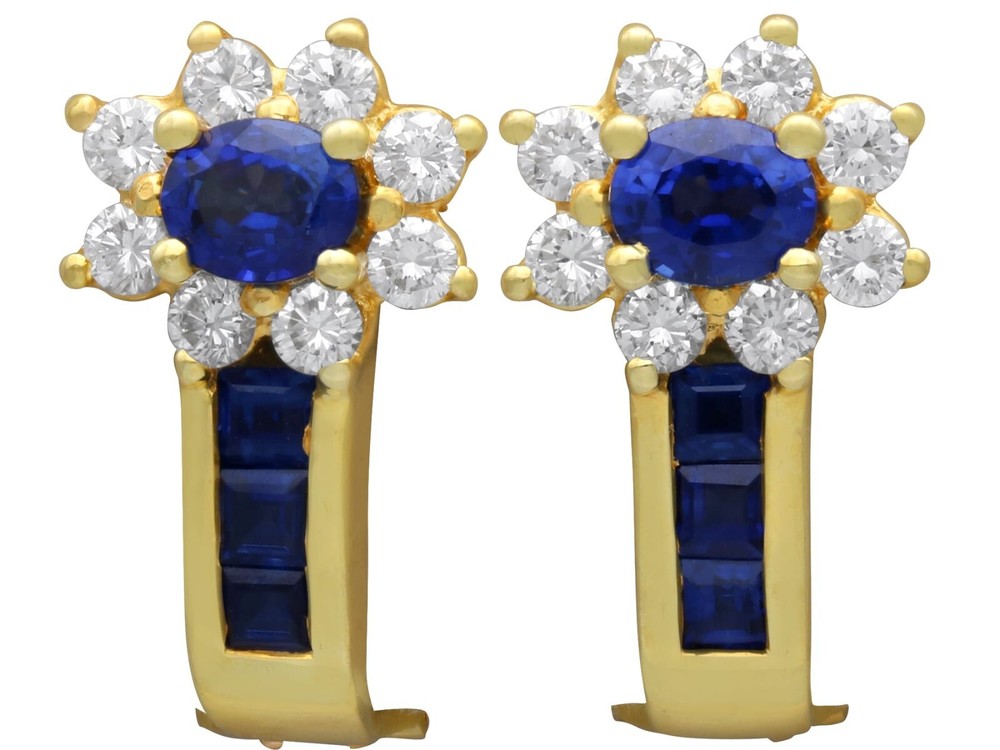 Vintage 1.50Ct Sapphire and 0.68Ct Diamond, 18k Yellow Gold Earrings Circa 1980