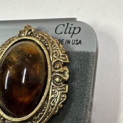 1928 Jewelry Oval Clip On Earrings Gold Tone Amber Cabochon Vintage New