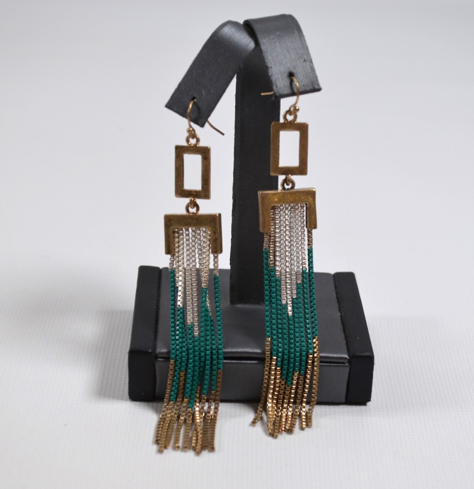 Vtg Pierced Hook Earrings w/ Box Chain Dangles Gold Silver Turquoise Color 4″