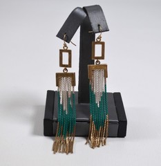 Vtg Pierced Hook Earrings w/ Box Chain Dangles Gold Silver Turquoise Color 4″