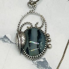 Sterling Silver Old Pawn 925 Necklace Pendant Southwest Moss Agate Oval Leaf 24″