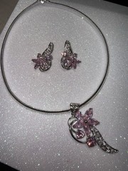 Vintage Silver Tone Choker And Earrings With Pink Rhinestones