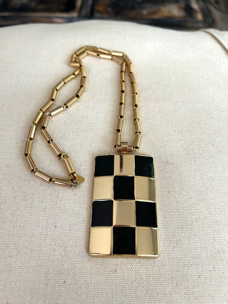 VINTAGE LANVIN PARIS GOLD TONE & BLACK CHECKERED PENDANT NECKLACE