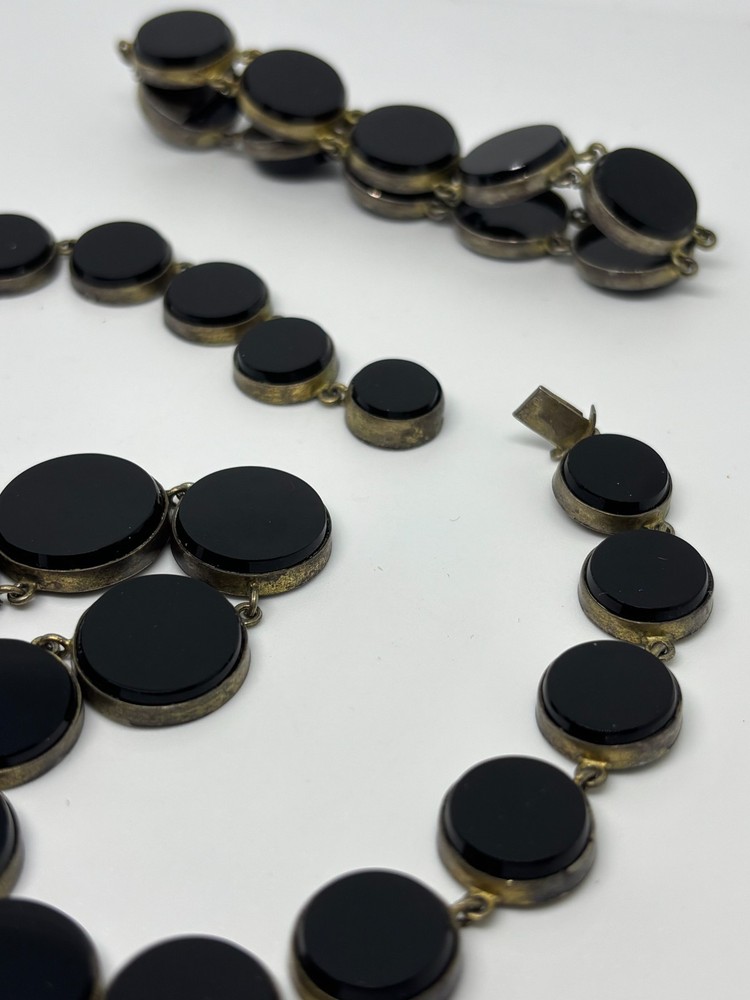Antique Victorian Art Deco Sterling Silver Black Onyx Necklace Bracelet DAMAGED