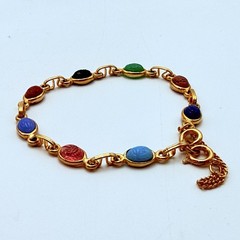 Vintage Scarab Bracelet Gold Tone Metal Faux Stone 7.5”