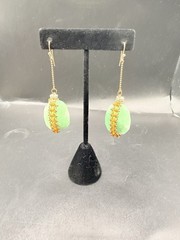 Artisan Green Orange Beaded Dangle Earrings Gold Tone Faceted Drops