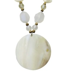 White Shell Necklace Large Pendant Statement 19″ Icy Glass Beaded Bohemian
