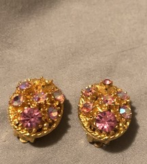 Vintage Mid Century Pink AB Crystal Oval Cluster Earrings Filigree Gold