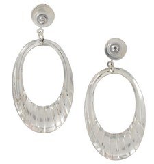 Silver Tone Flat Hoop Drop Dangle Ribbed Light Weight Pierced Earrings