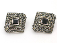 Vintage Judith Jack Sterling Silver 925 Square Stud Marcasite Clip On Earrings